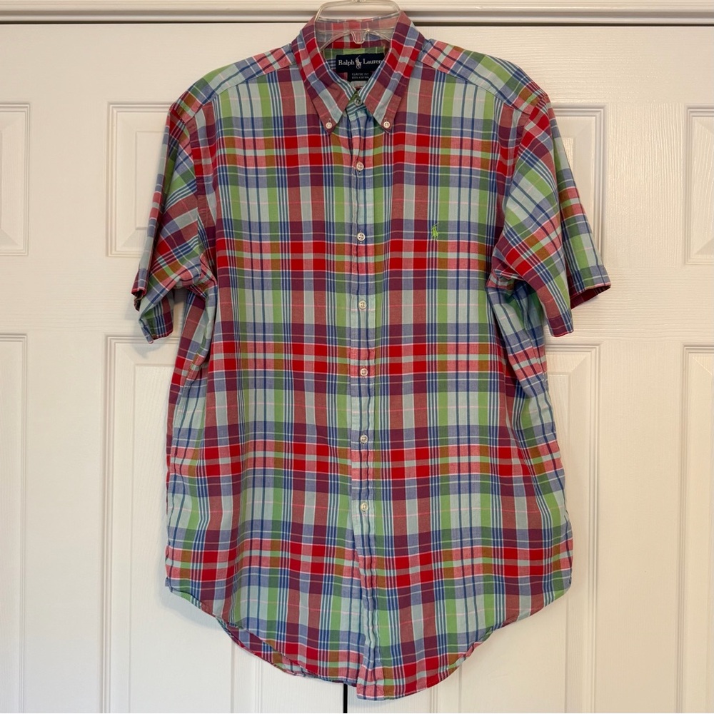 Ralph Lauren Madras Plaid Short Sleeve Button Down L